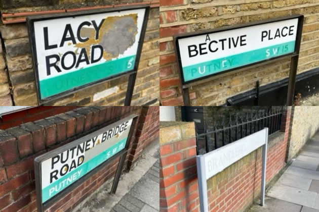 Damaged street signs in Putney